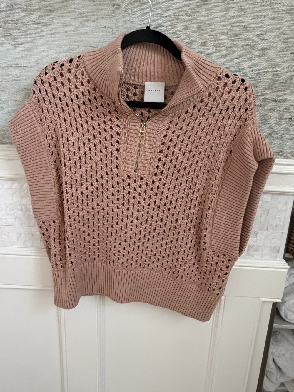 Medium Anthropologie Varley Gaines half zip sweater knit short sleeves tan beige - Picture 3 of 16